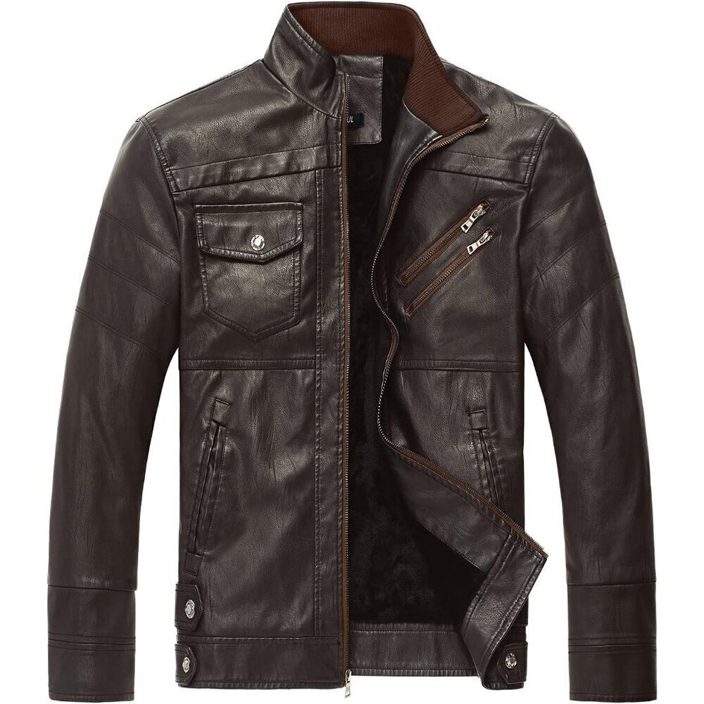 Brand New Men's Brown Faux Leather WULFUL Motorcycle Jacket Fleece Lined